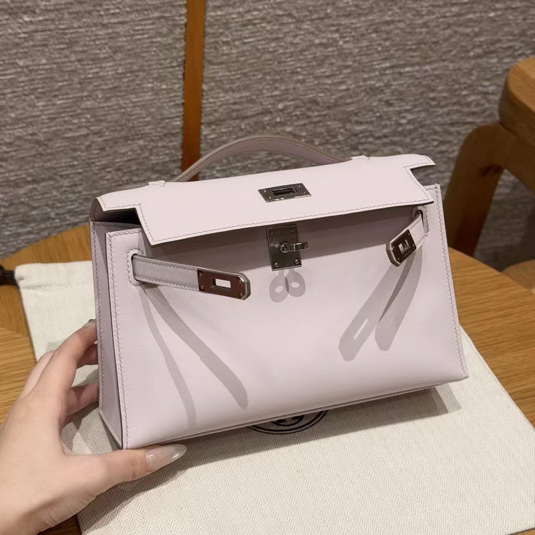 Hermes Kelly Pochette Handmade In Swift Calfskin Leather Silver Hardware 09 Mauve Pale - Image 13
