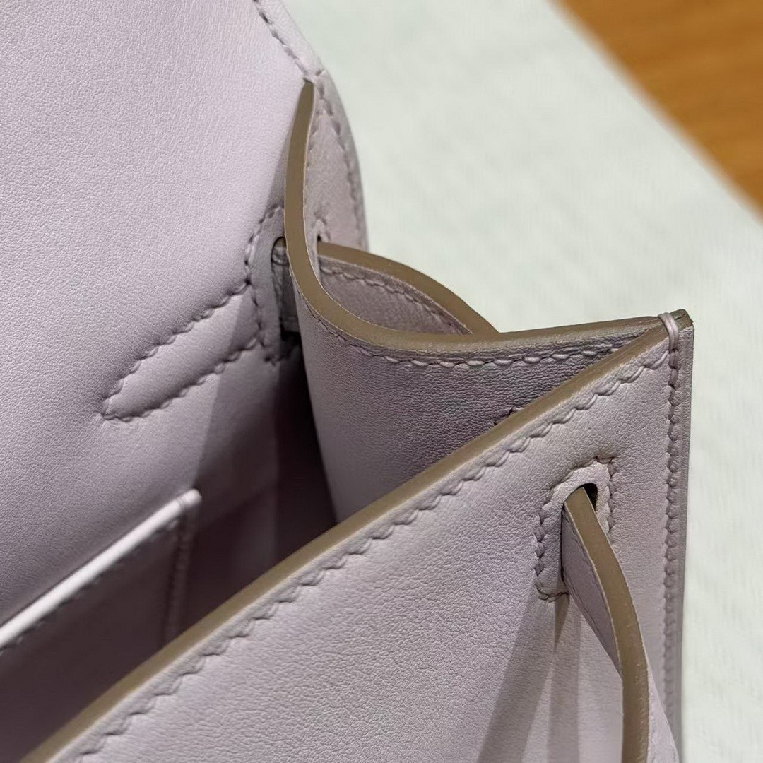 Hermes Kelly Pochette Handmade In Swift Calfskin Leather Silver Hardware 09 Mauve Pale - Image 10