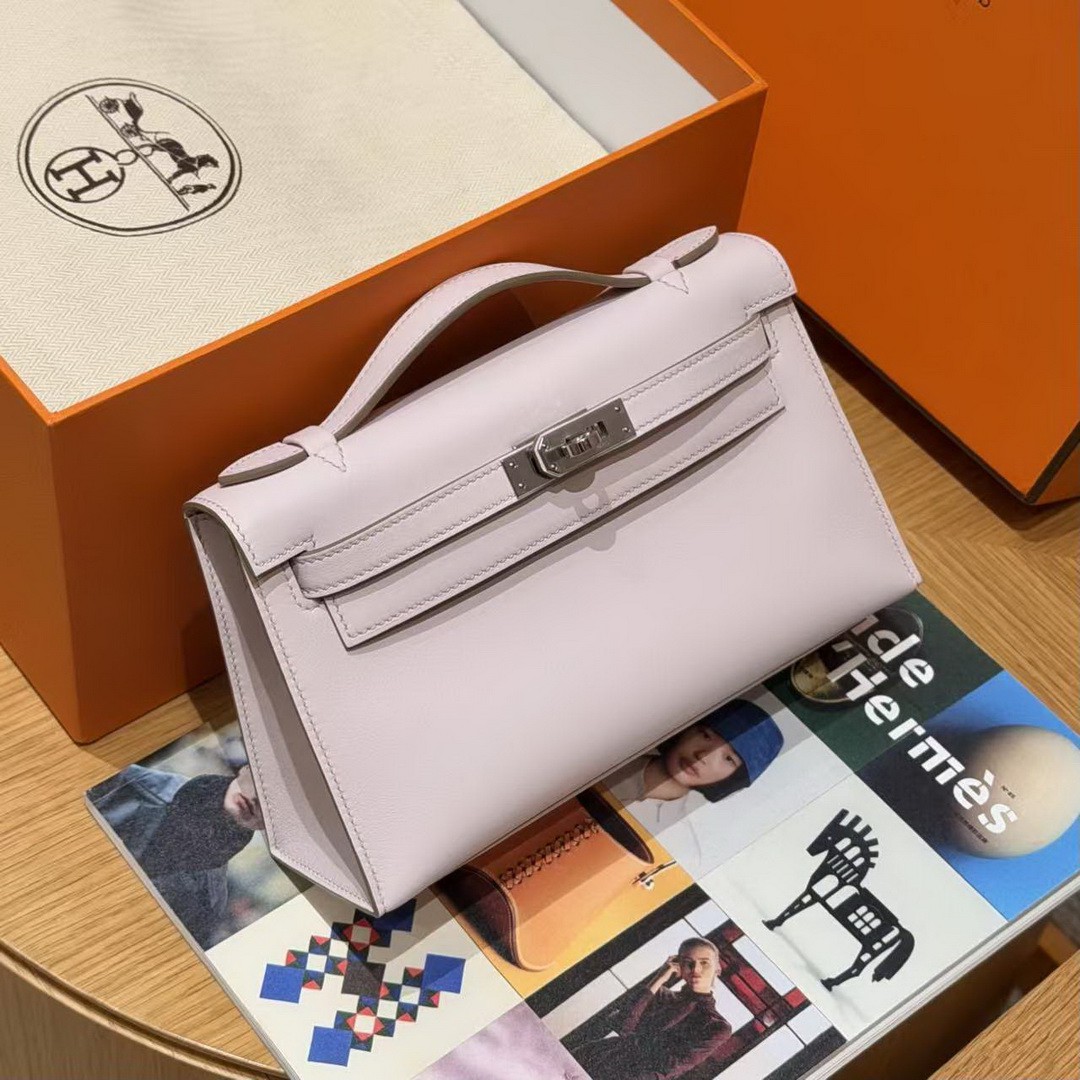 Hermes Kelly Pochette Handmade In Swift Calfskin Leather Silver Hardware 09 Mauve Pale - Image 5