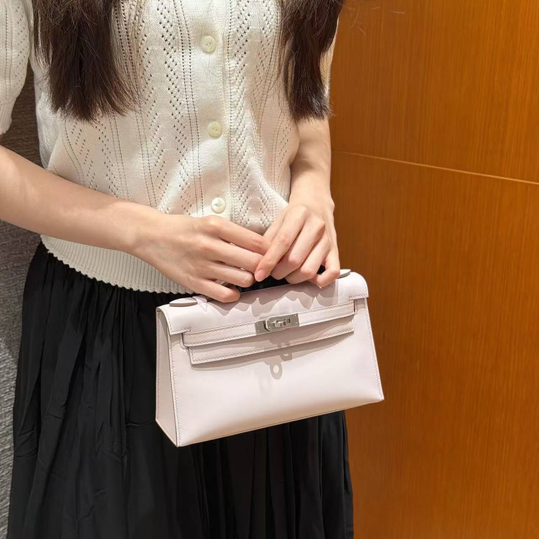 Hermes Kelly Pochette Handmade In Swift Calfskin Leather Silver Hardware 09 Mauve Pale - Image 4