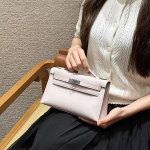 Hermes Kelly Pochette Handmade In Swift Calfskin Leather Silver Hardware 09 Mauve Pale - Image 3
