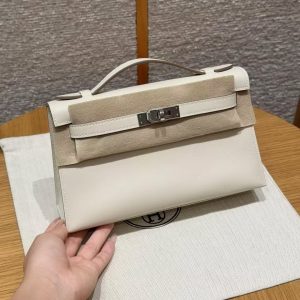 Hermes Kelly Pochette Handmade In Swift Calfskin Leather Silver Hardware 10 Craie