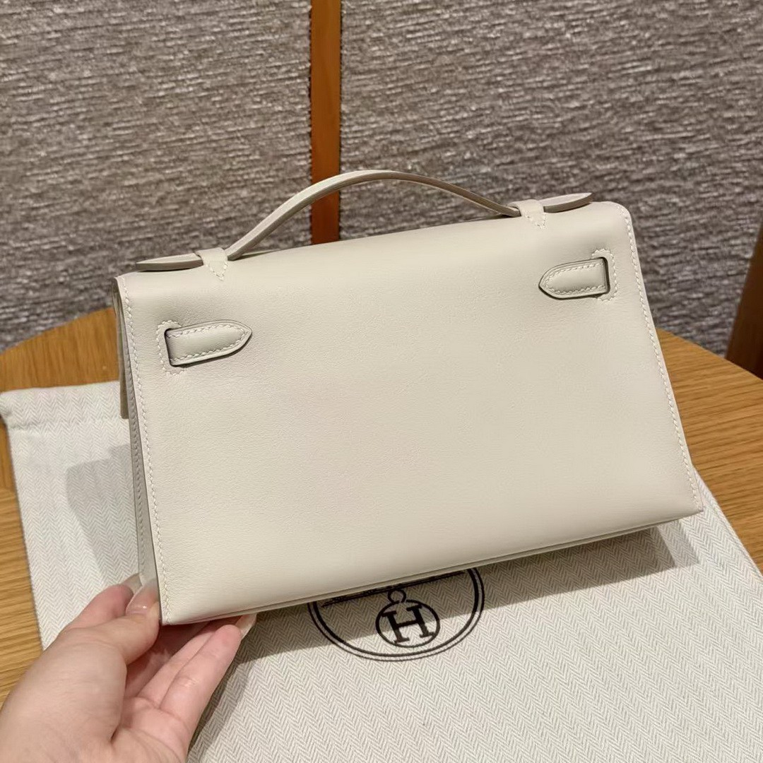 Hermes Kelly Pochette Handmade In Swift Calfskin Leather Silver Hardware 10 Craie - Image 2