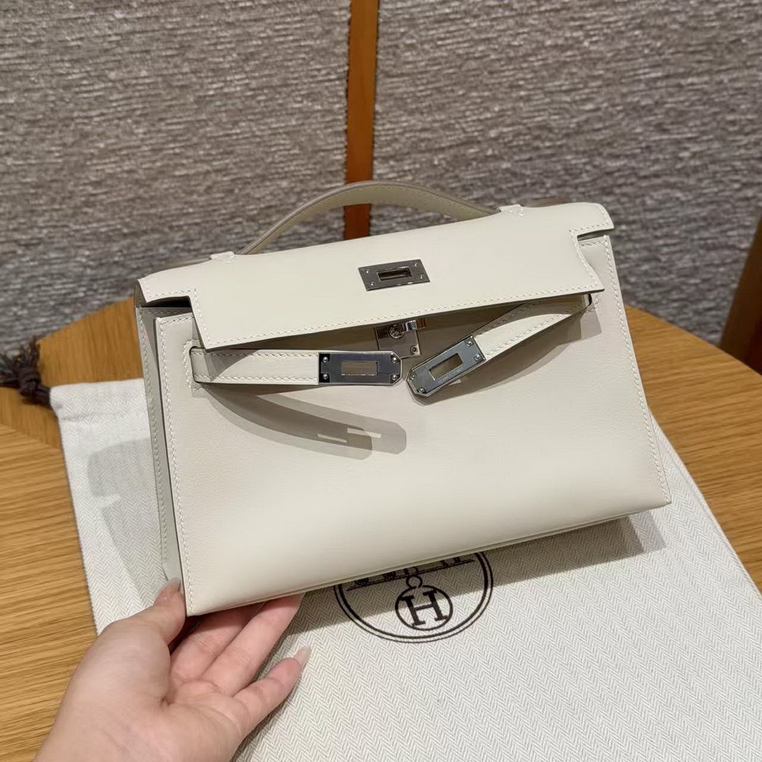 Hermes Kelly Pochette Handmade In Swift Calfskin Leather Silver Hardware 10 Craie - Image 11