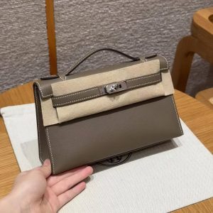 Hermes Kelly Pochette Handmade In Swift Calfskin Leather Silver Hardware 18 Etoupe