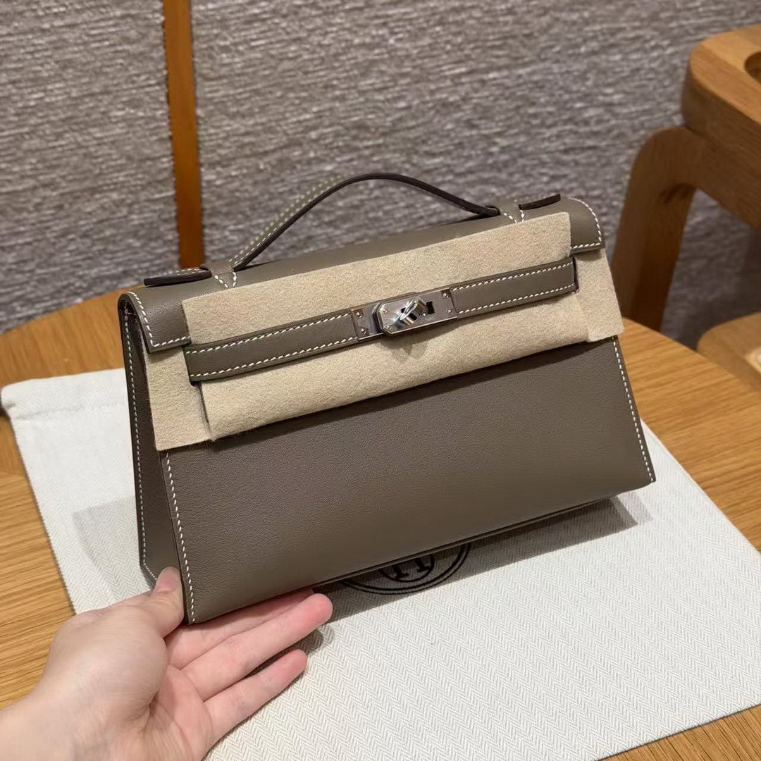 Hermes Kelly Pochette Handmade In Swift Calfskin Leather Silver Hardware 18 Etoupe