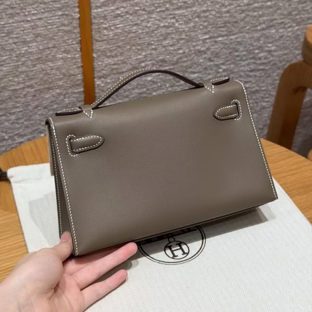Hermes Kelly Pochette Handmade In Swift Calfskin Leather Silver Hardware 18 Etoupe - Image 2