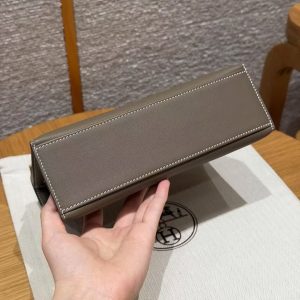Hermes Kelly Pochette Handmade In Swift Calfskin Leather Silver Hardware 18 Etoupe - Image 16