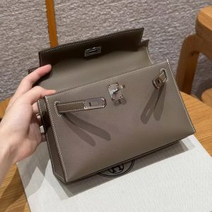 Hermes Kelly Pochette Handmade In Swift Calfskin Leather Silver Hardware 18 Etoupe - Image 10