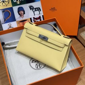 Hermes Kelly Pochette Handmade In Swift Calfskin Leather Silver Hardware 1Z Jaune Poussin - Image 5