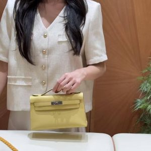 Hermes Kelly Pochette Handmade In Swift Calfskin Leather Silver Hardware 1Z Jaune Poussin - Image 3