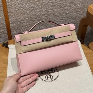 Hermes Kelly Pochette Handmade In Swift Calfskin Leather Silver Hardware 3Q Rose Sakura