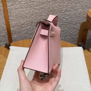 Hermes Kelly Pochette Handmade In Swift Calfskin Leather Silver Hardware 3Q Rose Sakura - Image 19