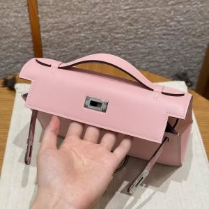 Hermes Kelly Pochette Handmade In Swift Calfskin Leather Silver Hardware 3Q Rose Sakura - Image 12