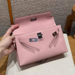 Hermes Kelly Pochette Handmade In Swift Calfskin Leather Silver Hardware 3Q Rose Sakura - Image 11