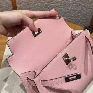 Hermes Kelly Pochette Handmade In Swift Calfskin Leather Silver Hardware 3Q Rose Sakura - Image 10