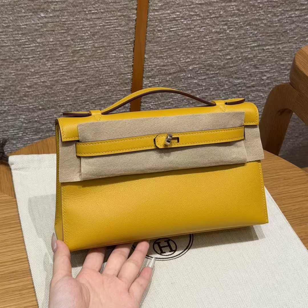 Hermes Kelly Pochette Handmade In Swift Calfskin Leather Silver Hardware 9D Jaune Amber