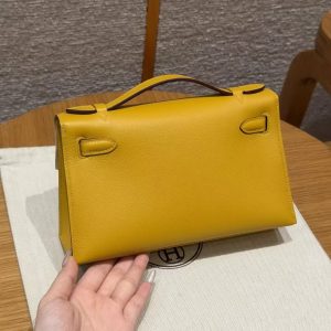 Hermes Kelly Pochette Handmade In Swift Calfskin Leather Silver Hardware 9D Jaune Amber - Image 2