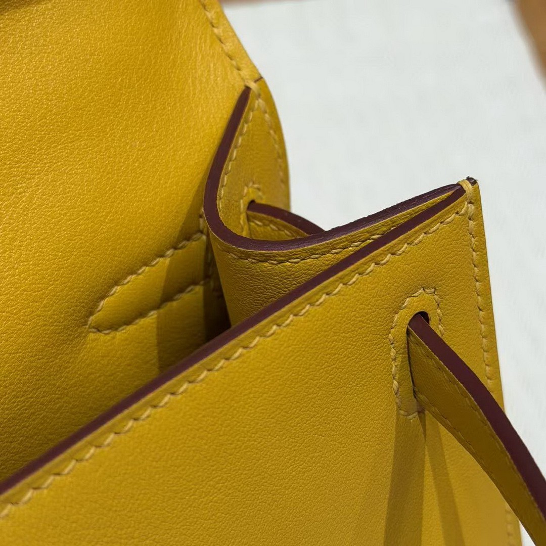 Hermes Kelly Pochette Handmade In Swift Calfskin Leather Silver Hardware 9D Jaune Amber - Image 5