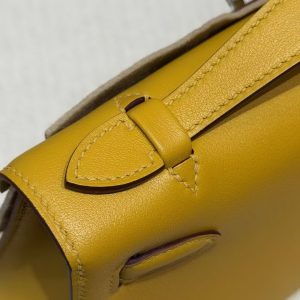 Hermes Kelly Pochette Handmade In Swift Calfskin Leather Silver Hardware 9D Jaune Amber - Image 3