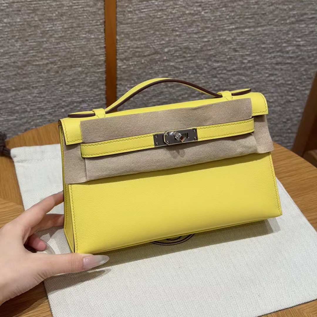 Hermes Kelly Pochette Handmade In Swift Calfskin Leather Silver Hardware 9R Lime