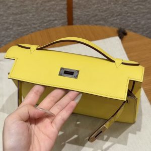 Hermes Kelly Pochette Handmade In Swift Calfskin Leather Silver Hardware 9R Lime - Image 8