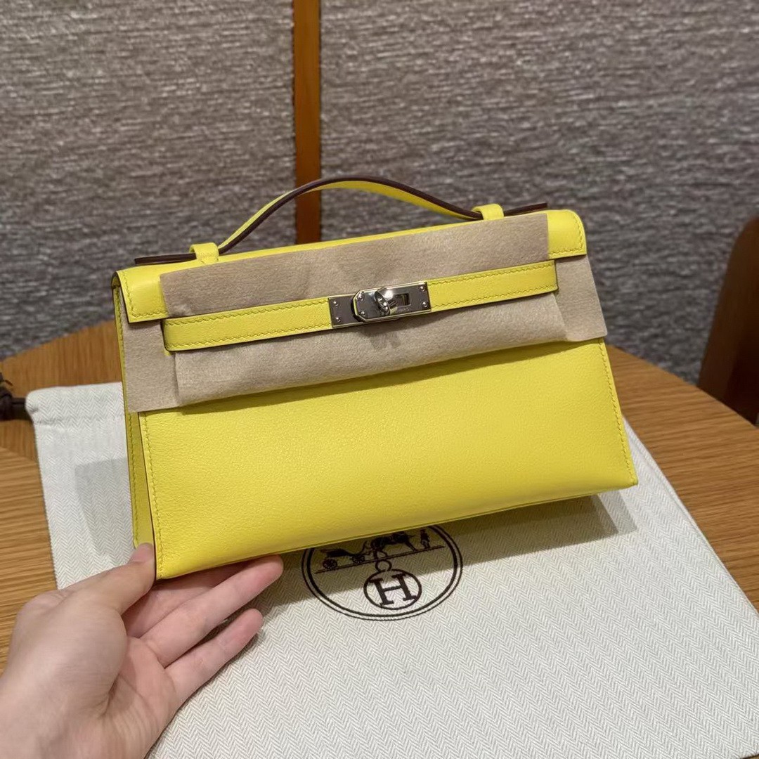 Hermes Kelly Pochette Handmade In Swift Calfskin Leather Silver Hardware B4 Sun