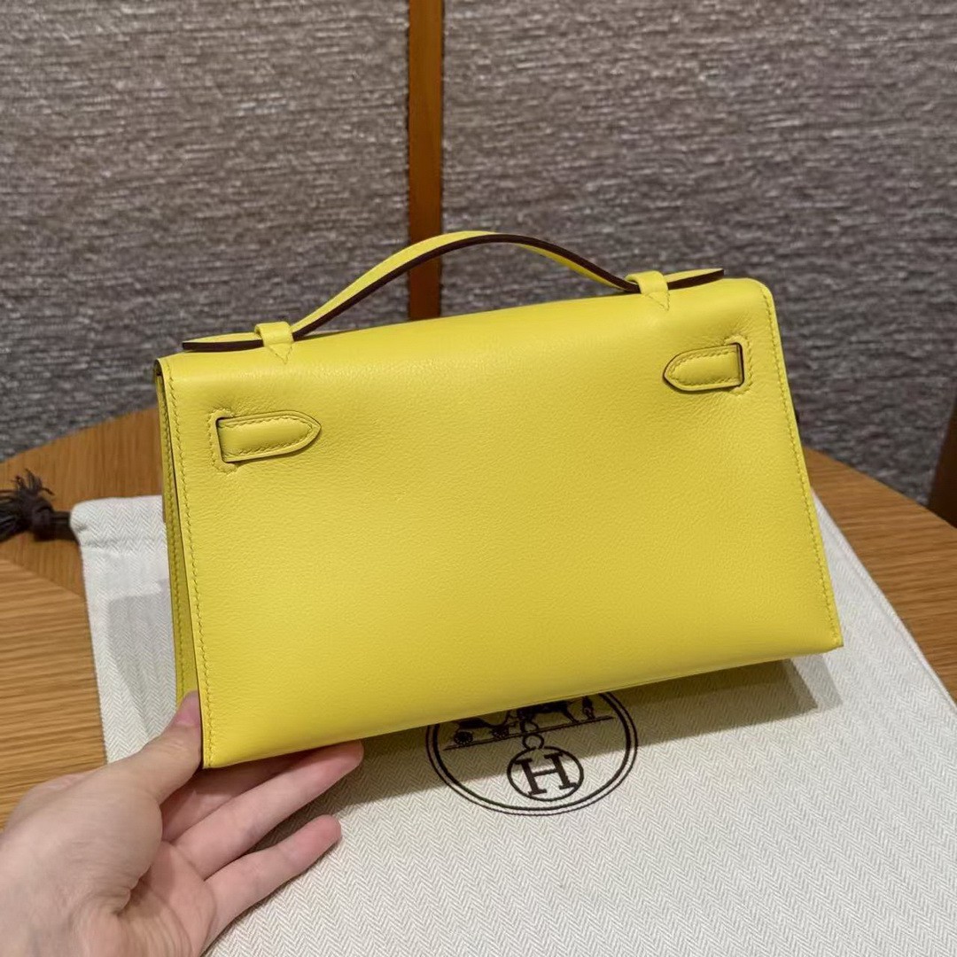 Hermes Kelly Pochette Handmade In Swift Calfskin Leather Silver Hardware B4 Sun - Image 2