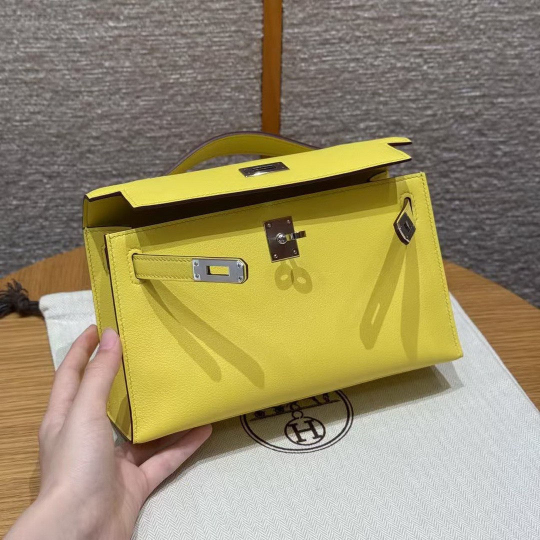 Hermes Kelly Pochette Handmade In Swift Calfskin Leather Silver Hardware B4 Sun - Image 15