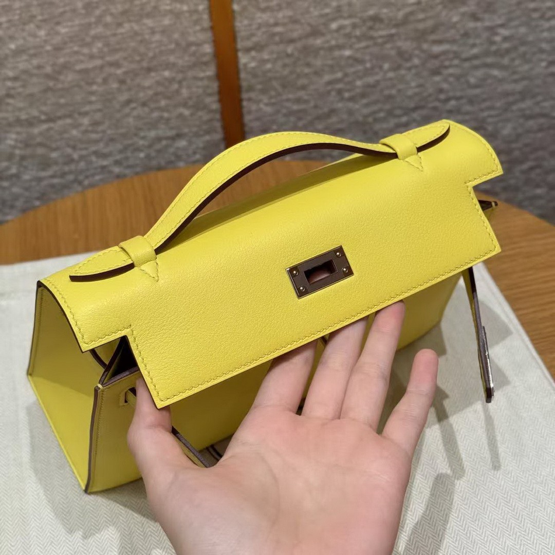 Hermes Kelly Pochette Handmade In Swift Calfskin Leather Silver Hardware B4 Sun - Image 14