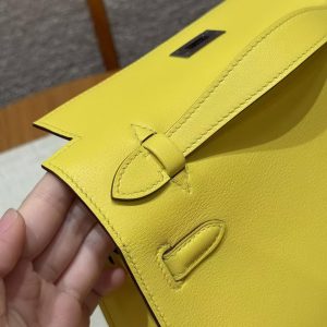 Hermes Kelly Pochette Handmade In Swift Calfskin Leather Silver Hardware B4 Sun - Image 10