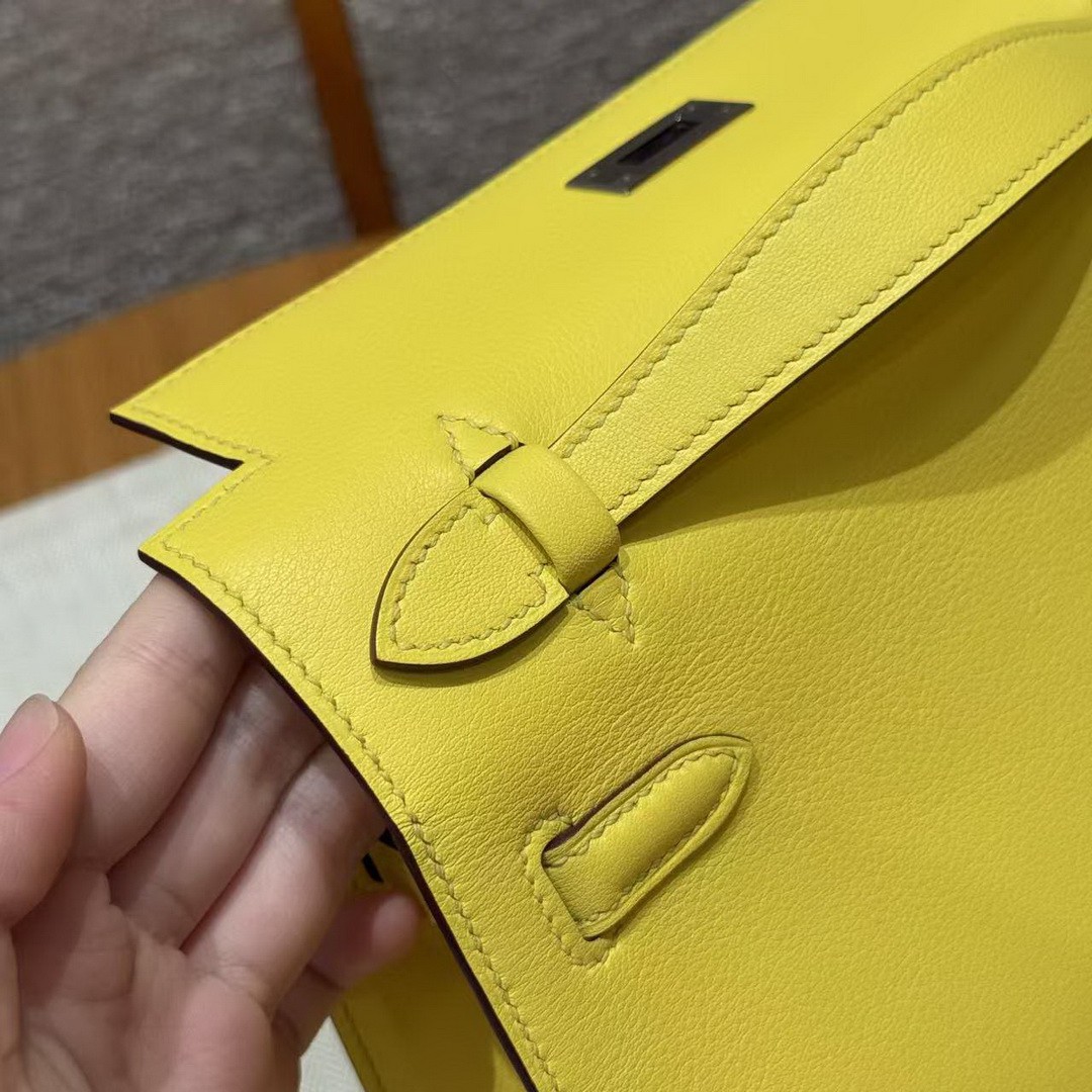 Hermes Kelly Pochette Handmade In Swift Calfskin Leather Silver Hardware B4 Sun - Image 10