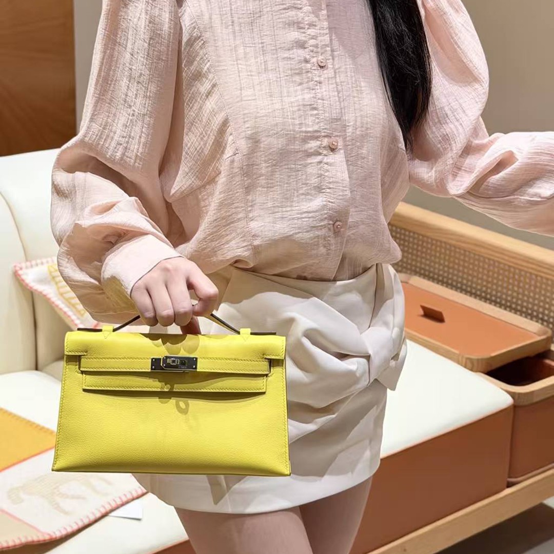 Hermes Kelly Pochette Handmade In Swift Calfskin Leather Silver Hardware B4 Sun - Image 5