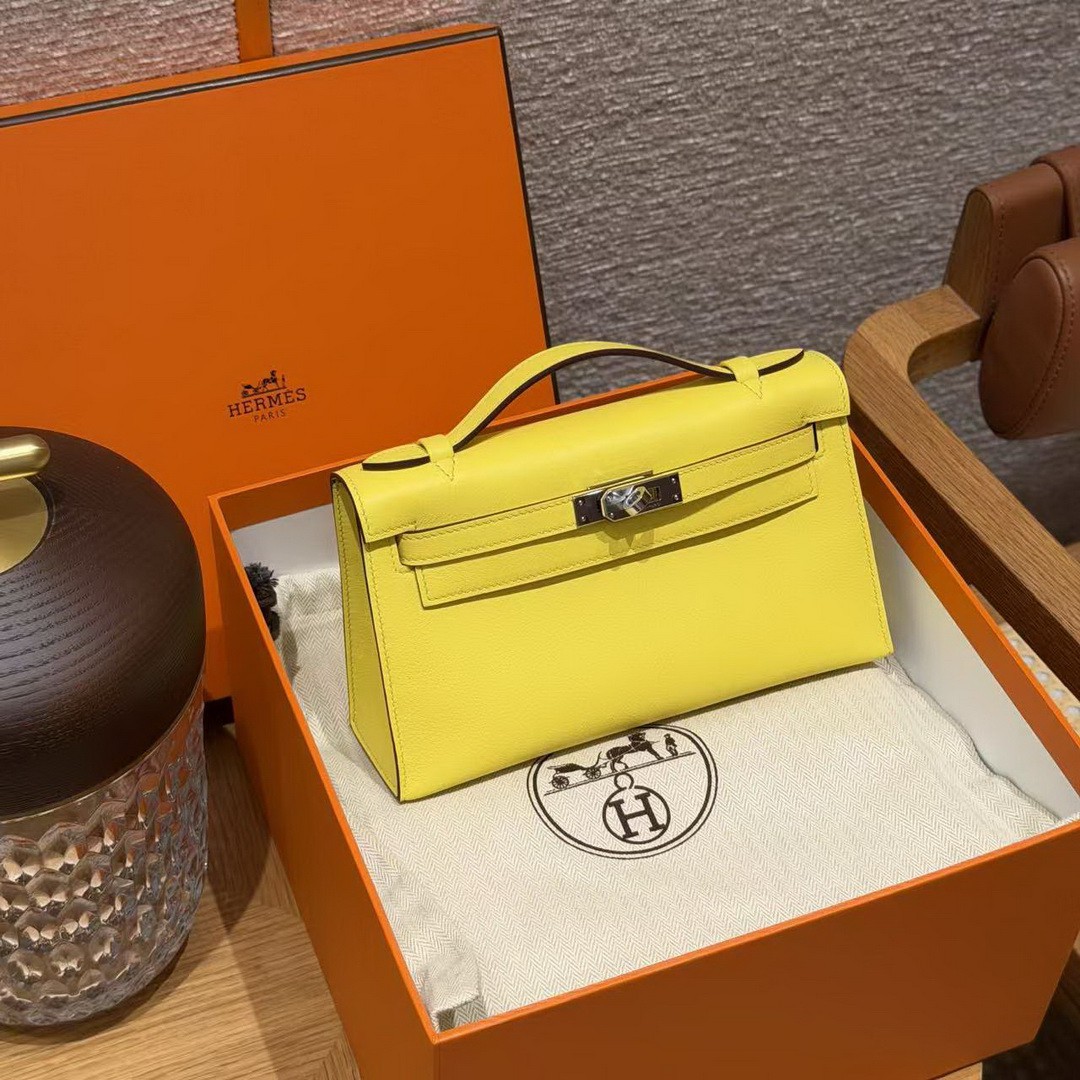 Hermes Kelly Pochette Handmade In Swift Calfskin Leather Silver Hardware B4 Sun - Image 3
