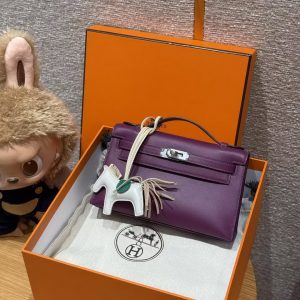 Hermes Kelly Pochette Handmade In Swift Calfskin Leather Silver Hardware P9 Anemone - Image 16