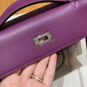 Hermes Kelly Pochette Handmade In Swift Calfskin Leather Silver Hardware P9 Anemone - Image 9