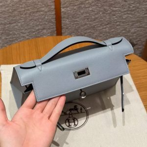 Hermes Kelly Pochette Handmade In Swift Calfskin Leather from Silver Hardware P0 Girs Pantin - Image 14