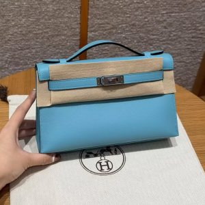 Hermes Kelly Pochette Handmade In Swift Calfskin Leather from Silver Hardware P3 Blue de Nord