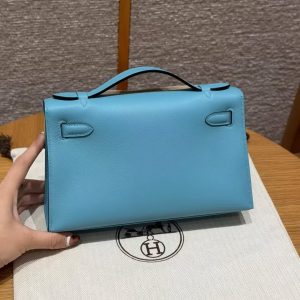 Hermes Kelly Pochette Handmade In Swift Calfskin Leather from Silver Hardware P3 Blue de Nord - Image 2