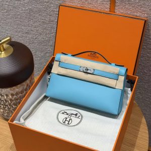 Hermes Kelly Pochette Handmade In Swift Calfskin Leather from Silver Hardware P3 Blue de Nord - Image 14