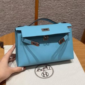 Hermes Kelly Pochette Handmade In Swift Calfskin Leather from Silver Hardware P3 Blue de Nord - Image 13