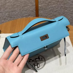 Hermes Kelly Pochette Handmade In Swift Calfskin Leather from Silver Hardware P3 Blue de Nord - Image 11