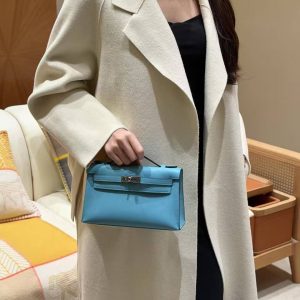 Hermes Kelly Pochette Handmade In Swift Calfskin Leather from Silver Hardware P3 Blue de Nord - Image 5