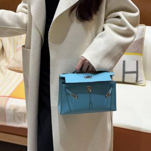 Hermes Kelly Pochette Handmade In Swift Calfskin Leather from Silver Hardware P3 Blue de Nord - Image 4