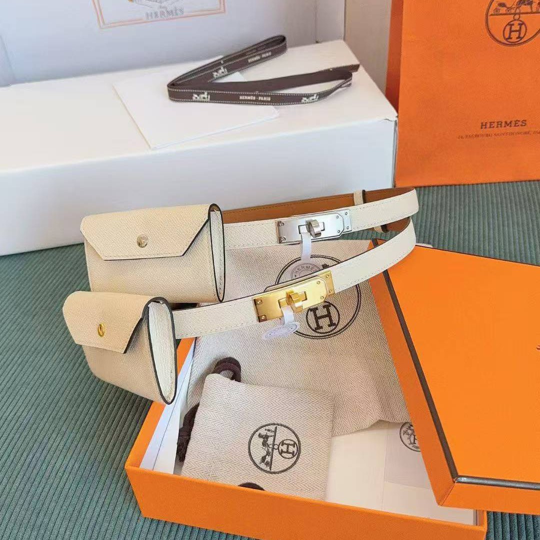 Hermes Kelly Pocket 18 Belt Epsom Calfskin Kelly Buckle Permabrass Yellow Gold Craie H081120CC10 - Image 2