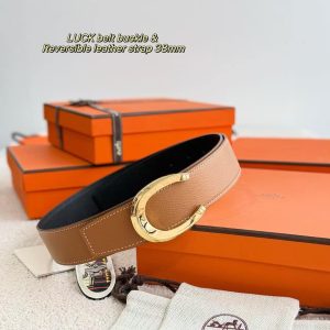 Hermes Luck Belt Buckle & Reversible Leather Strap 38 mm Epsom Calfskin Brushed Permabrass Buckle Yellow Gold Noir Gold