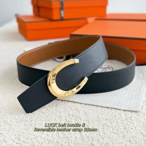 Hermes Luck Belt Buckle & Reversible Leather Strap 38 mm Epsom Calfskin Brushed Permabrass Buckle Yellow Gold Noir Gold - Image 6