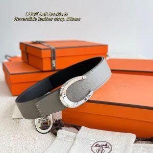 Hermes Luck Belt Buckle & Reversible Leather Strap 38 mm Epsom Calfskin Palladium Buckle Silver Noir Gris Mouette