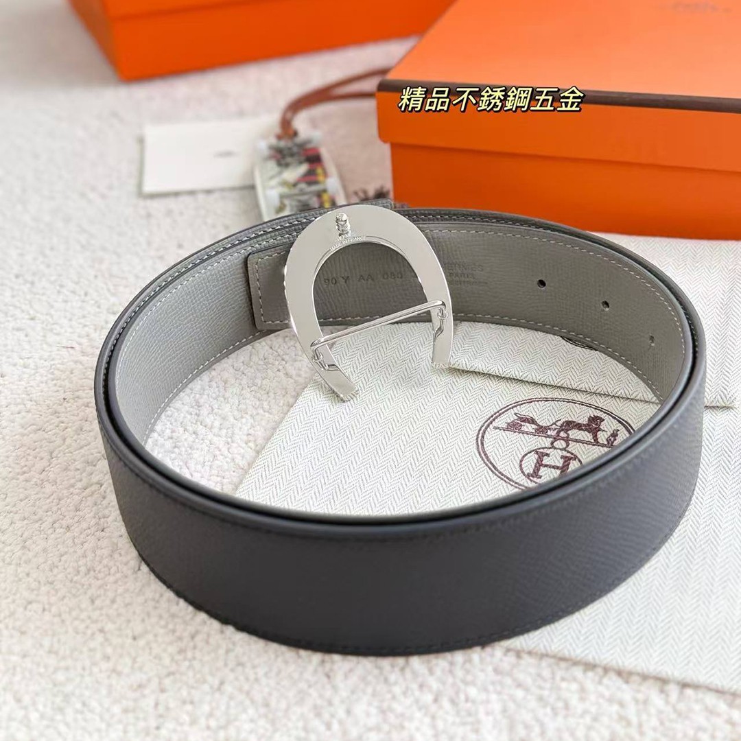 Hermes Luck Belt Buckle & Reversible Leather Strap 38 mm Epsom Calfskin Palladium Buckle Silver Noir Gris Mouette - Image 3