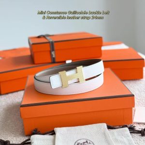 Hermes Mini Constance Guillochee Belt Buckle & Reversible Leather Strap 24 mm Swift and Epsom Calfskin Étoupe Blanc - Image 7